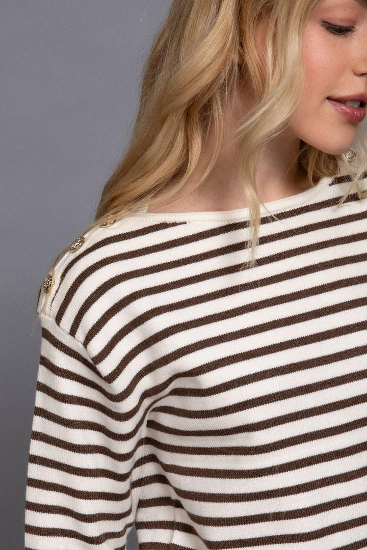 Women's Sweaters - Long Sleeve Buttoned Shoulder Stripe Sweater - BROWN - Cultured Cloths Apparel