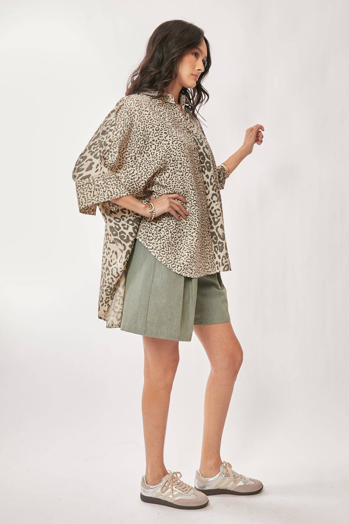 Leopard Print Oversized High-Low Button-Down Shirt