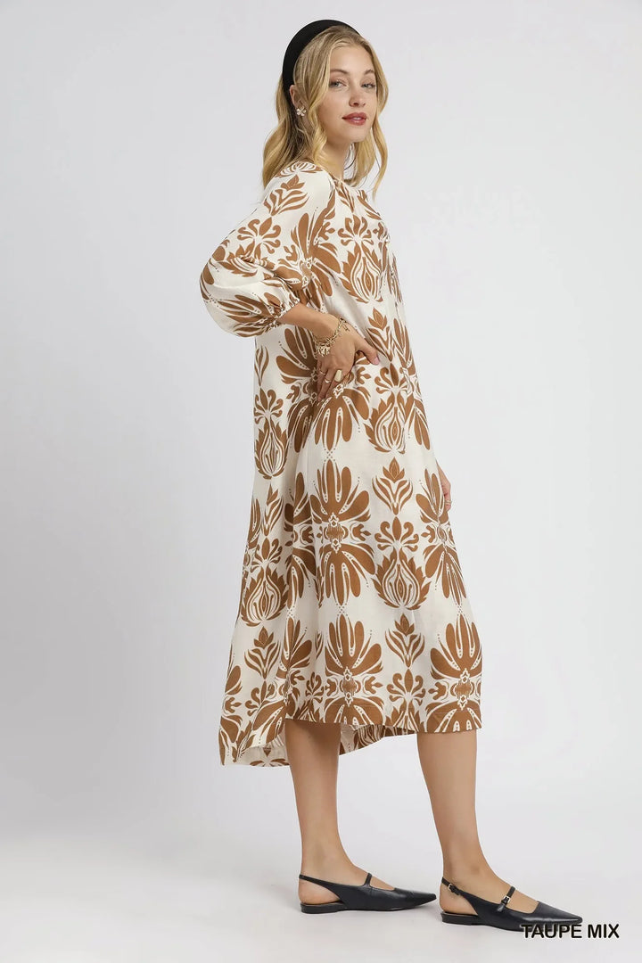 Women's Dresses - Umgee Mix Abstract Floral Print Midi Dress - - Cultured Cloths Apparel