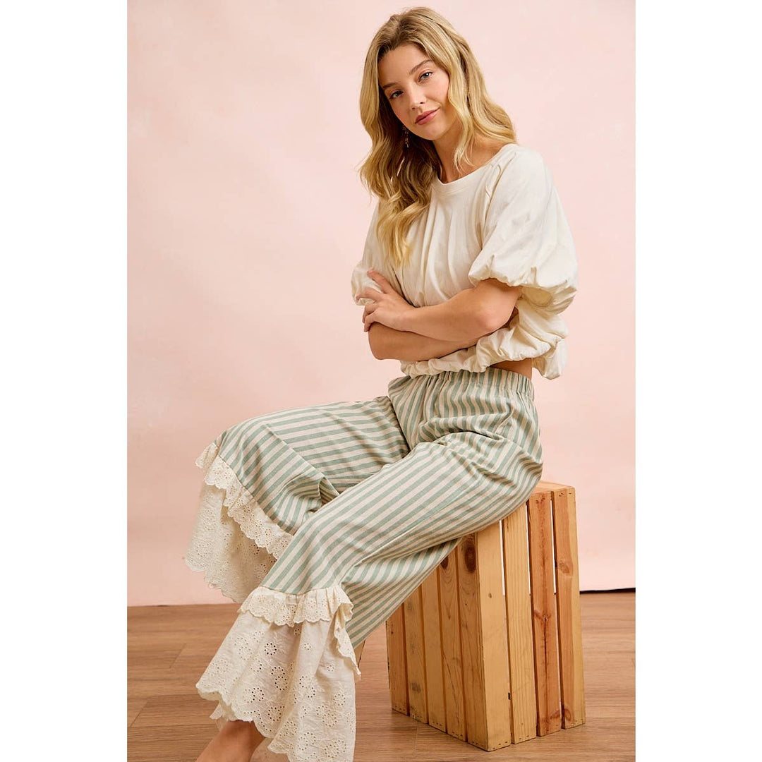 Pants - STRIPE WOVEN RUFFLED LACE HEM PANTS WITH SIDE POCKET - - Cultured Cloths Apparel