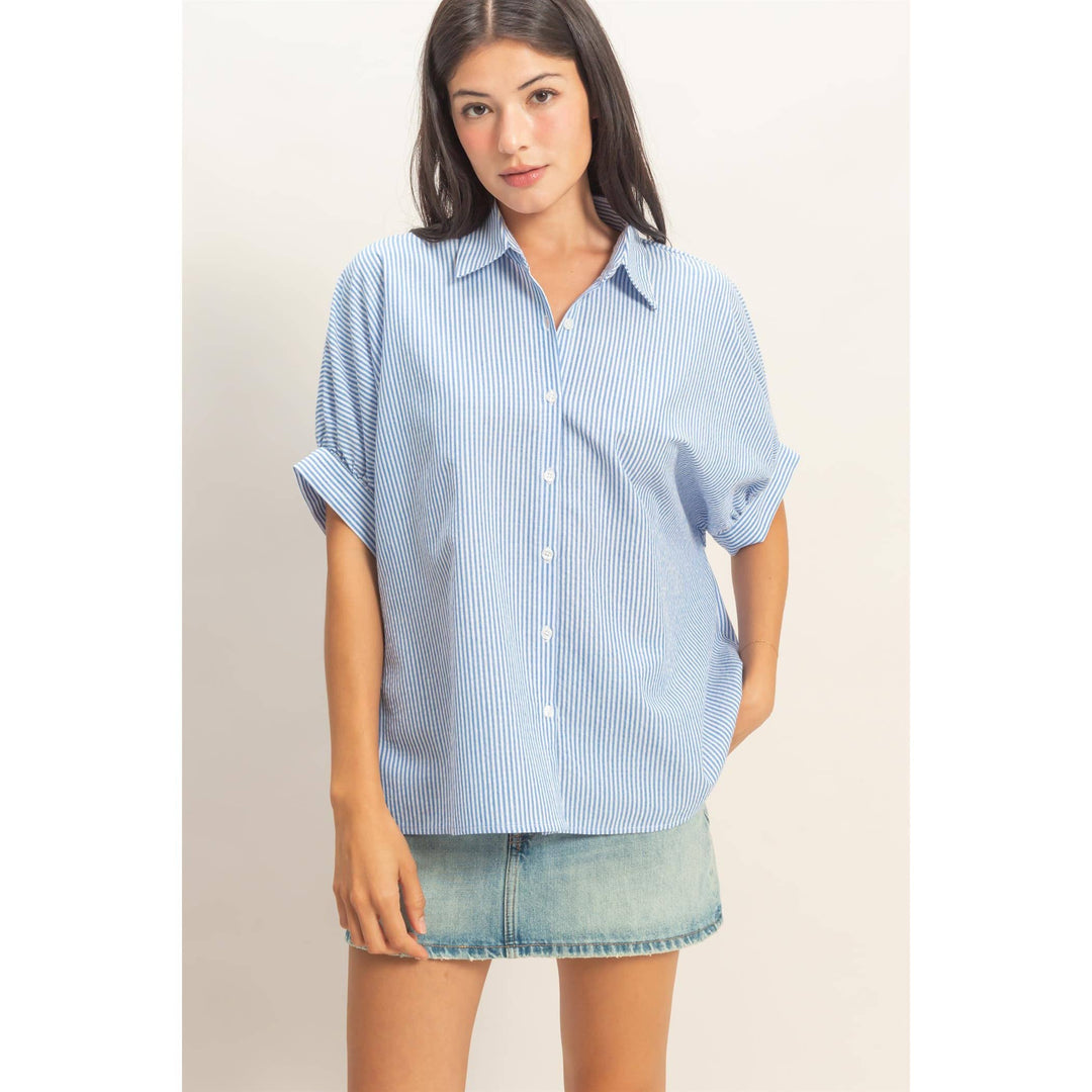 Women's Short Sleeve - Striped Short Sleeve Button-Front Blouse - - Cultured Cloths Apparel