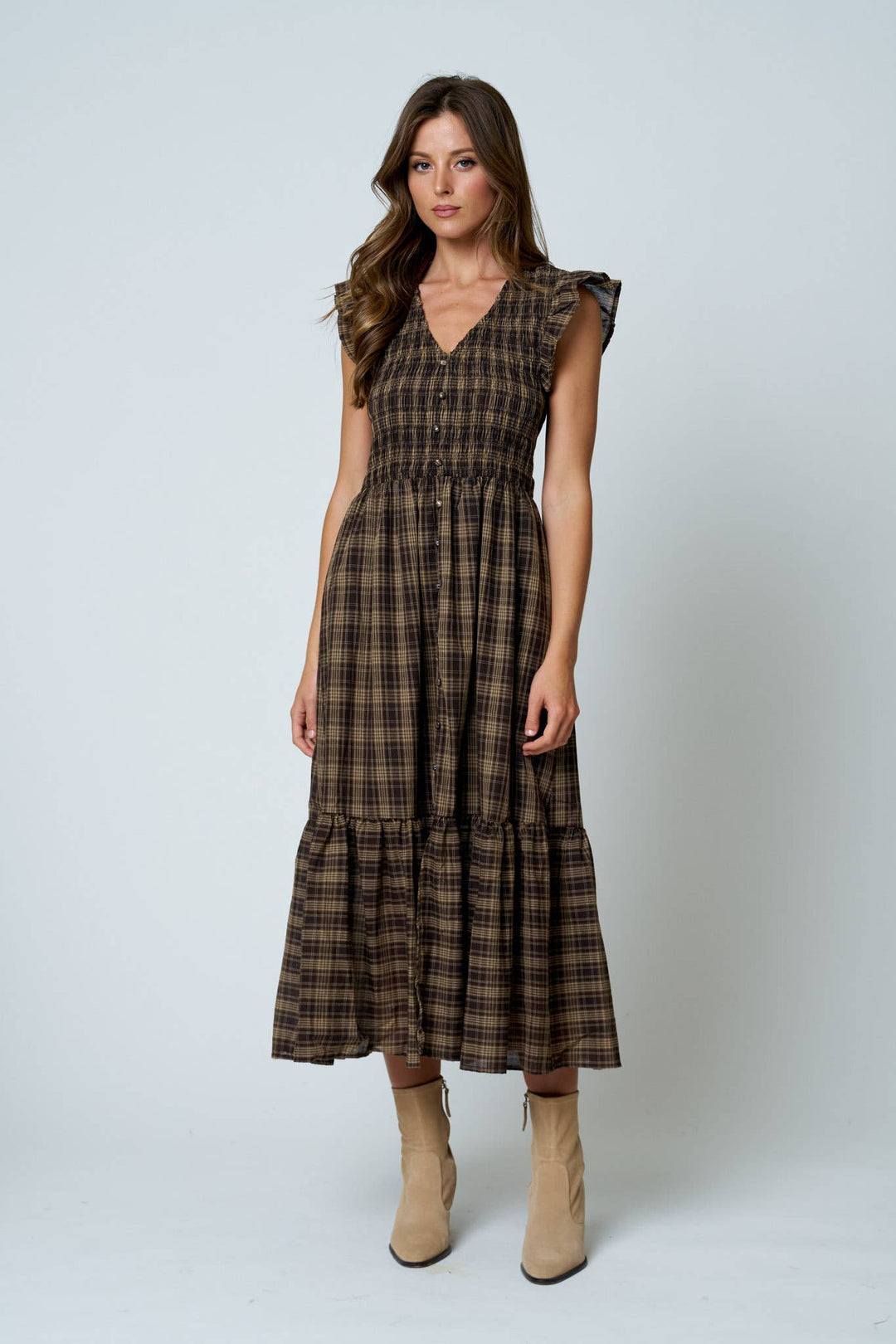 PLAID SMOCKED V NECK BUTTON DOWN RUFFLED MIDI DRES