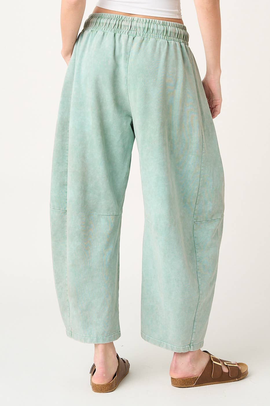 MINERAL WASH CROCHET PATCH BARREL LEG PANTS