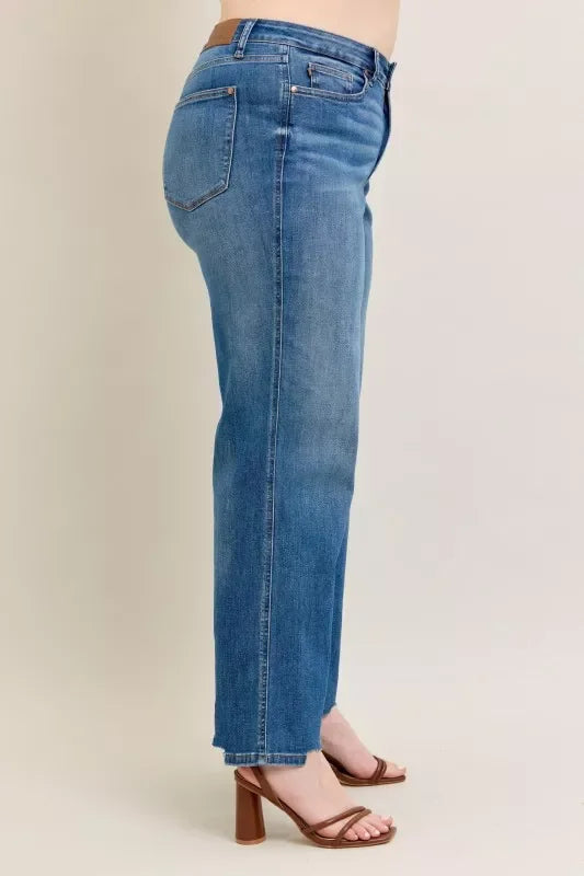 Denim - Judy Blue Full Size High Waist Tummy Control Chew Hem Destroy Wide Jeans Plus Size - - Cultured Cloths Apparel