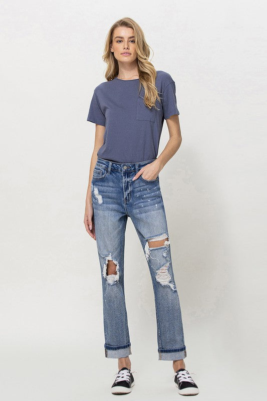  - Stretch Mom Jeans w/ Spatter Detail and Cuff -  - Cultured Cloths Apparel