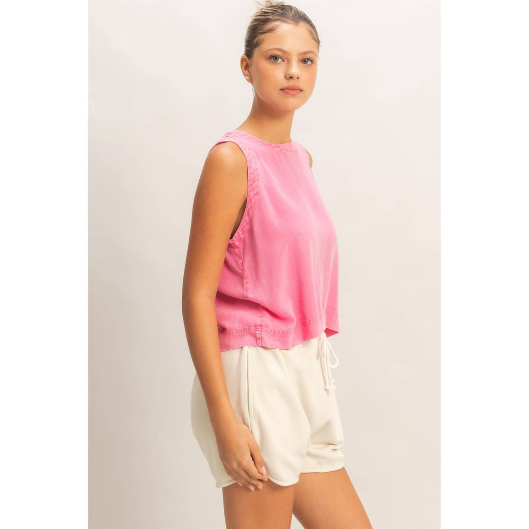 Women's Sleeveless - Pink Mineral Wash Button Back Sleeveless Top - - Cultured Cloths Apparel