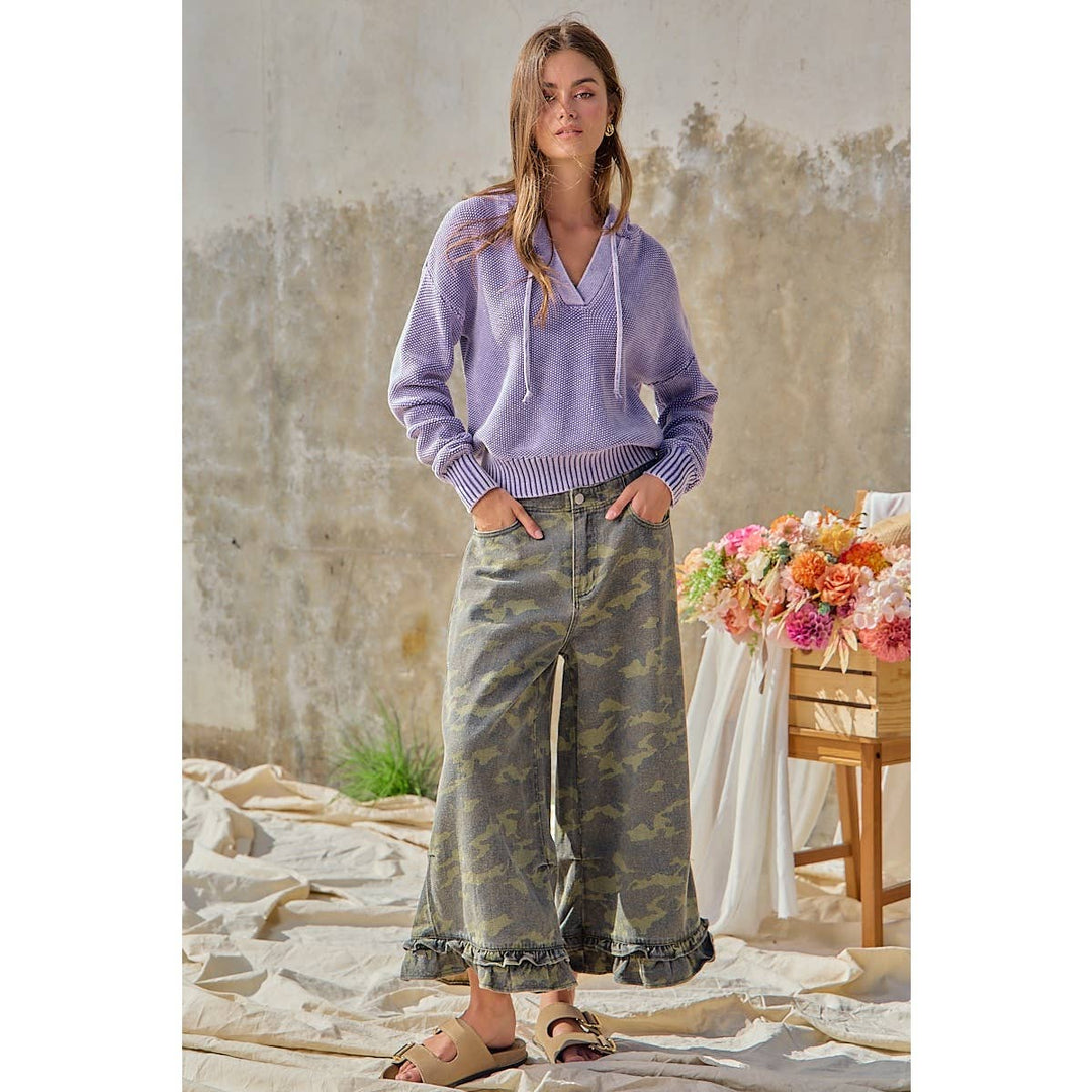 Pants - CAMOUFLAGE DENIM RUFFLED HEM MID RISE PANTS - - Cultured Cloths Apparel