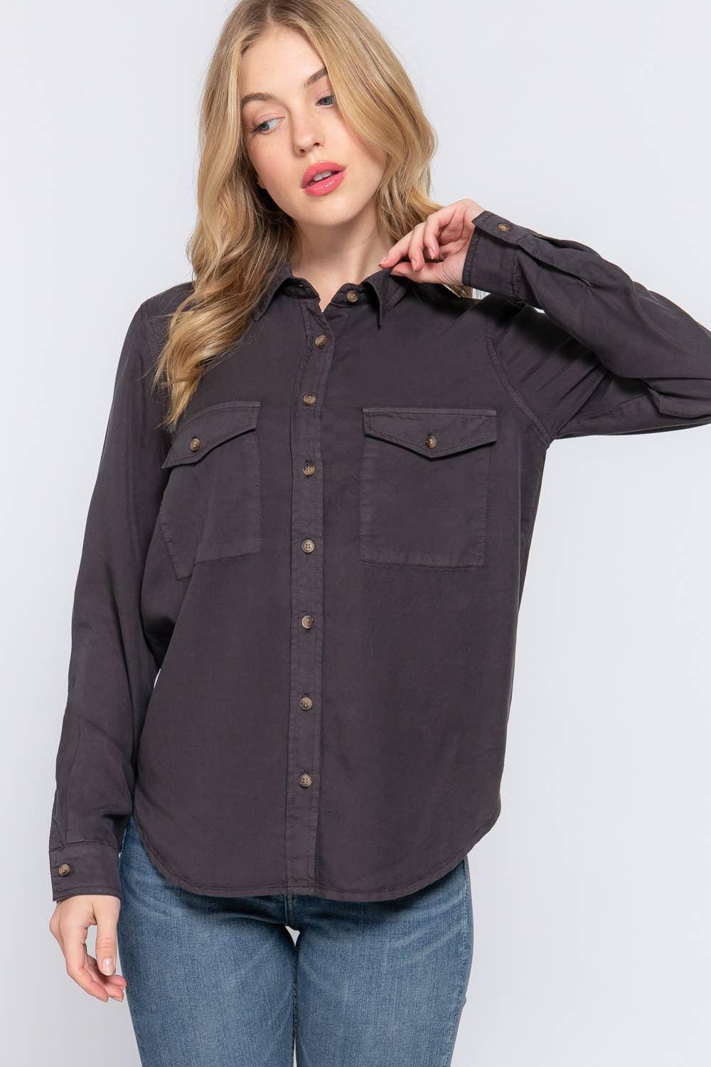 Women's Long Sleeve - Long Sleeve Color Tencel Shirt - - Cultured Cloths Apparel