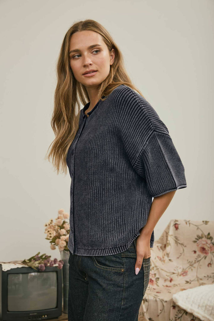 Cardigans - WASHED RIBBED SHORT SLEEVE ROLLED EDGE CARDIGAN - - Cultured Cloths Apparel