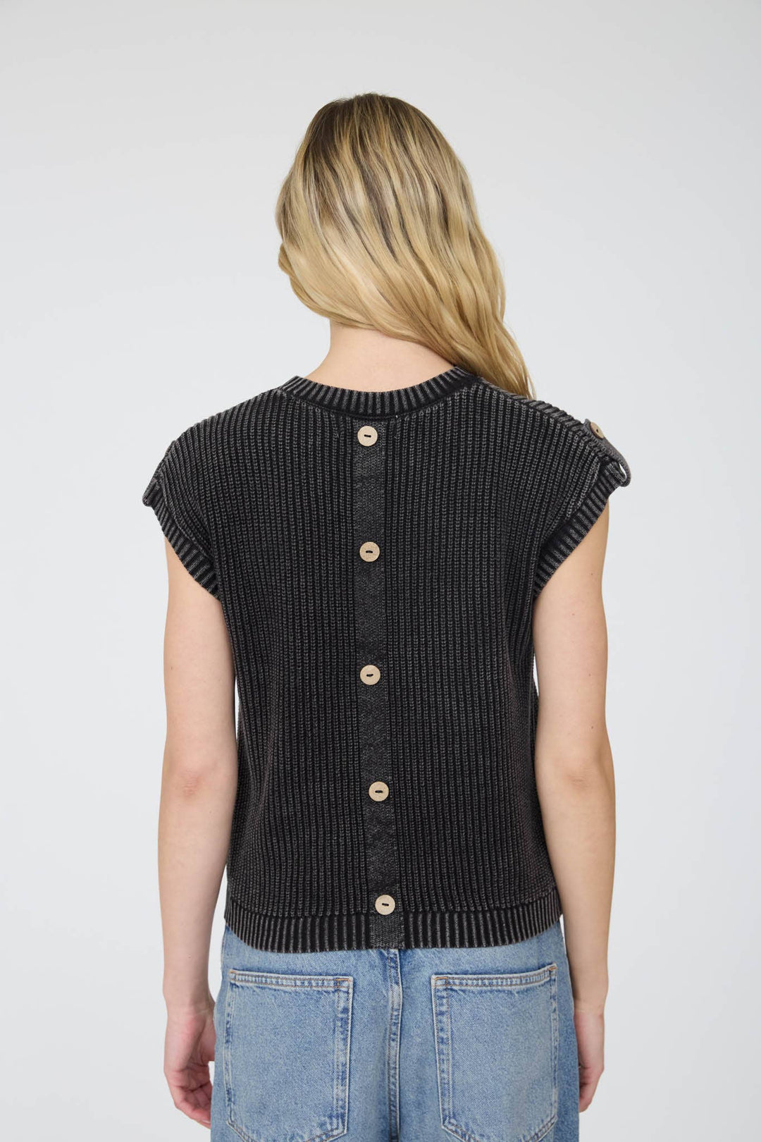 Women's Short Sleeve - ACID WASHED TAB SLEEVE BACK BUTTON KNIT TOP: CHARCOAL - - Cultured Cloths Apparel