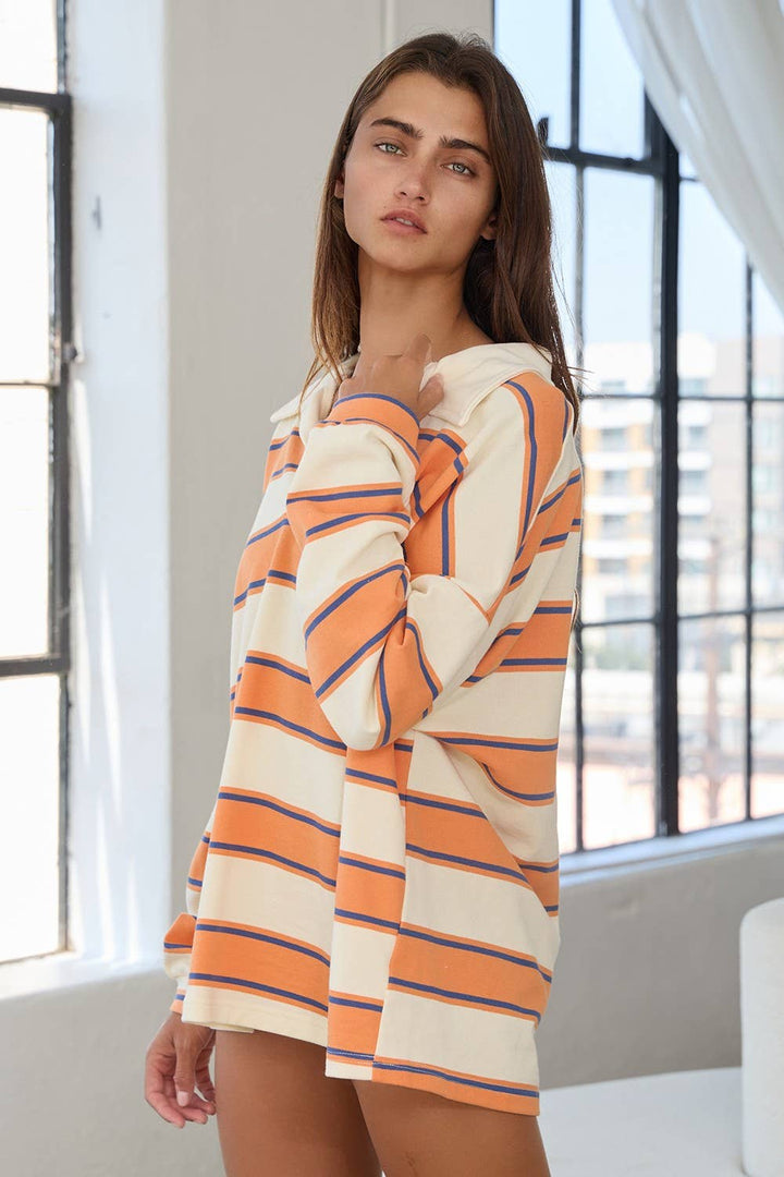 IT2417 Contrast Collared Neck Striped Polo Tunic Top