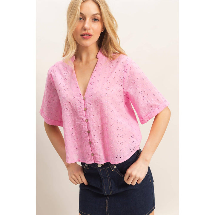 Olive Floral Eyelet Mandarin Collar Top