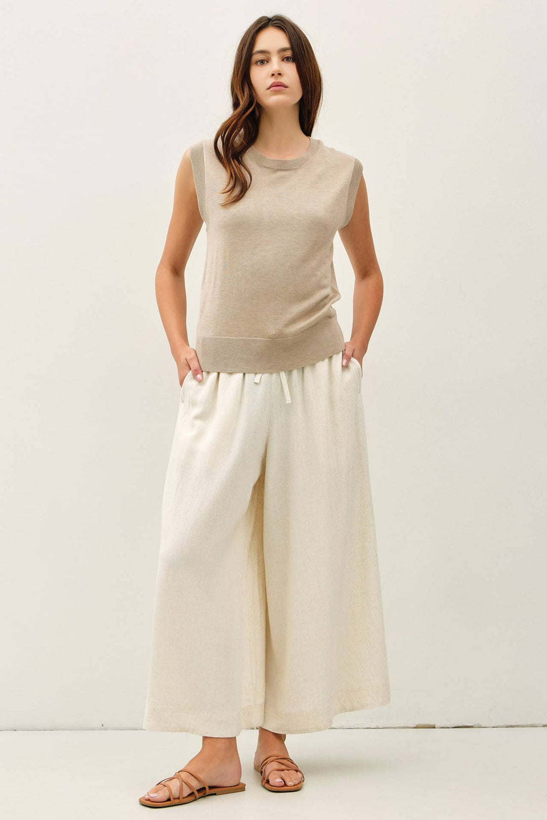 Pants - LINEN BLEND CROPPED PALAZZO PANTS - - Cultured Cloths Apparel