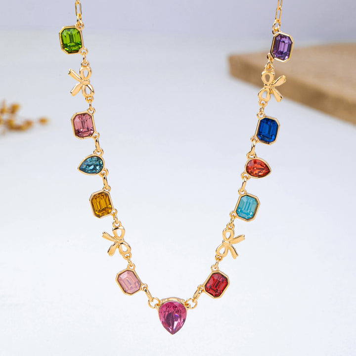 Accessories, Necklaces - Multi color Teardrop Square Crystal Bow Necklace | 80N93253 - - Cultured Cloths Apparel
