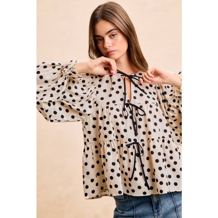 Women's Short Sleeve - Polka Dot Tiered Peplum Bow Tied Top With Shirring - SMALL - Cultured Cloths Apparel