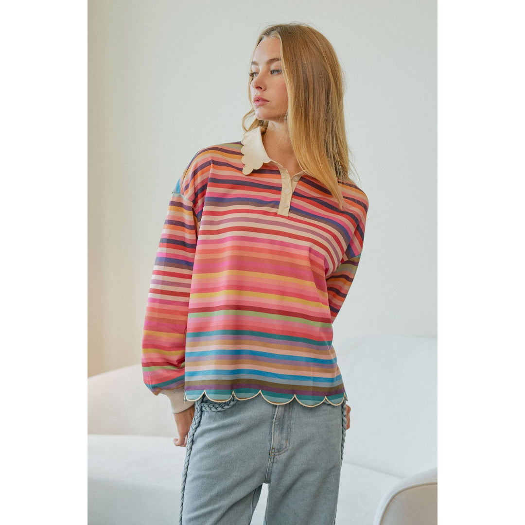 Celestine Whimsical Stripe Collared Scalloped Top