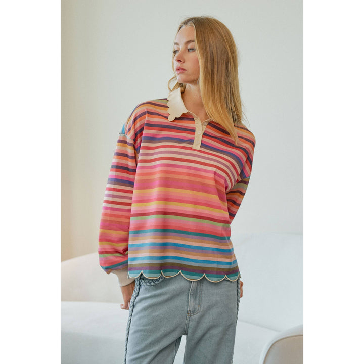 Celestine Whimsical Stripe Collared Scalloped Top