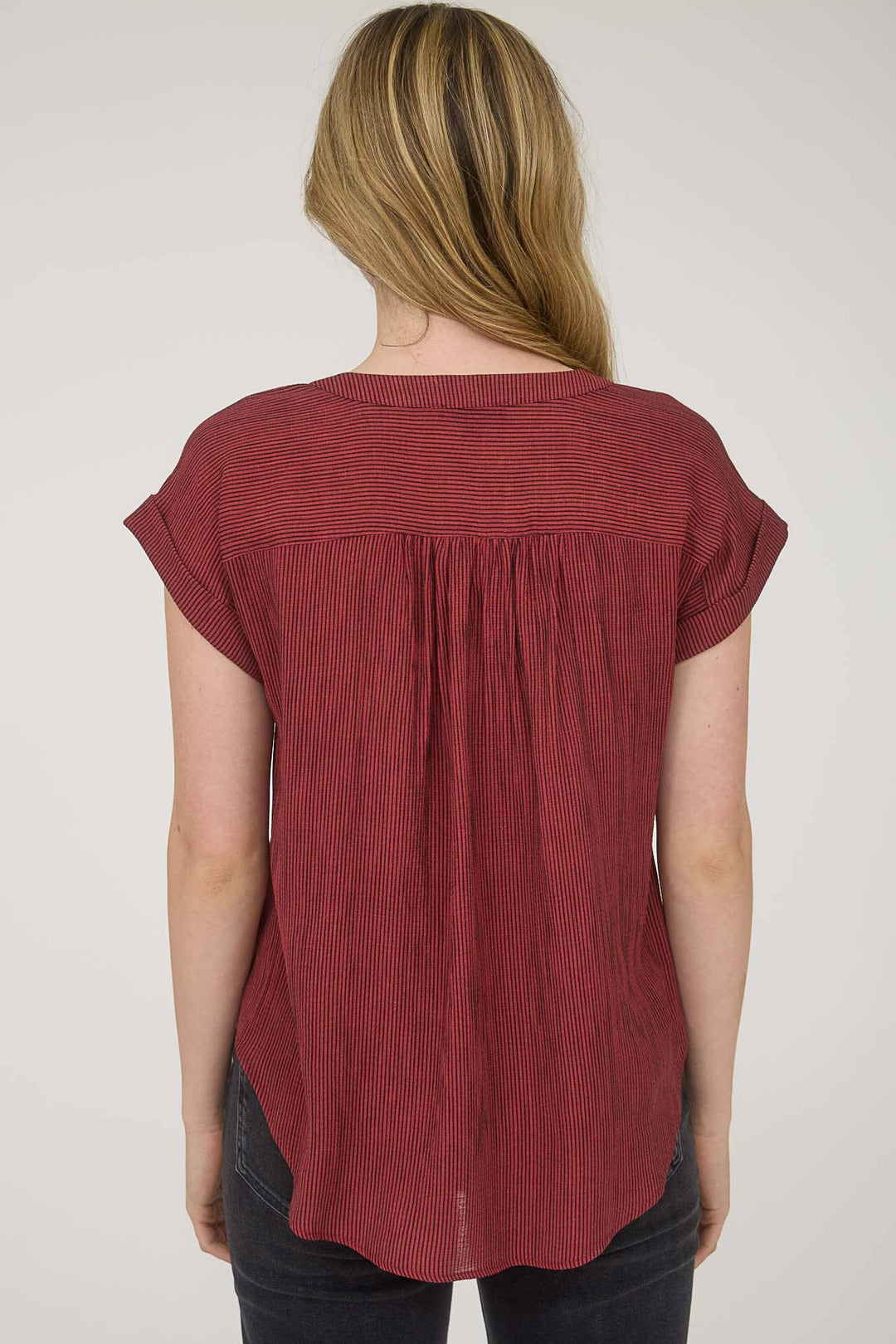 Women's Short Sleeve - PINSTRIPE SHORT CUFF SLEEVE BUTTON DOWN SHIRT - - Cultured Cloths Apparel