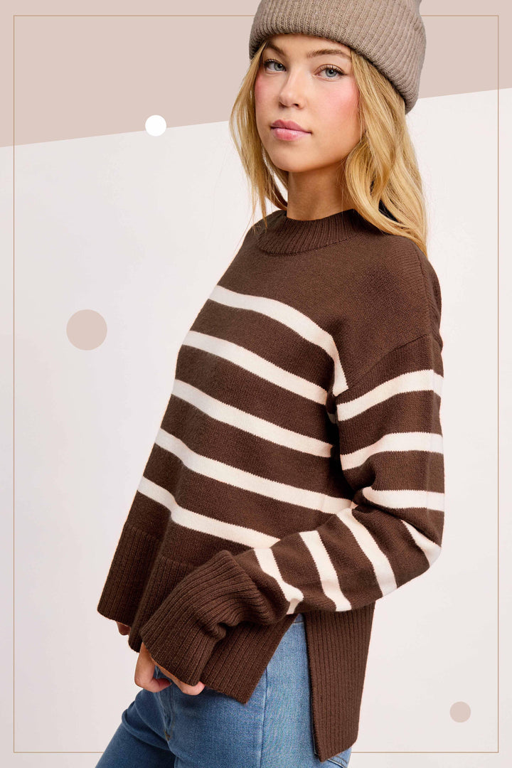 Striped Mock Neck Dolman Sleeve Loose Fit Sweater