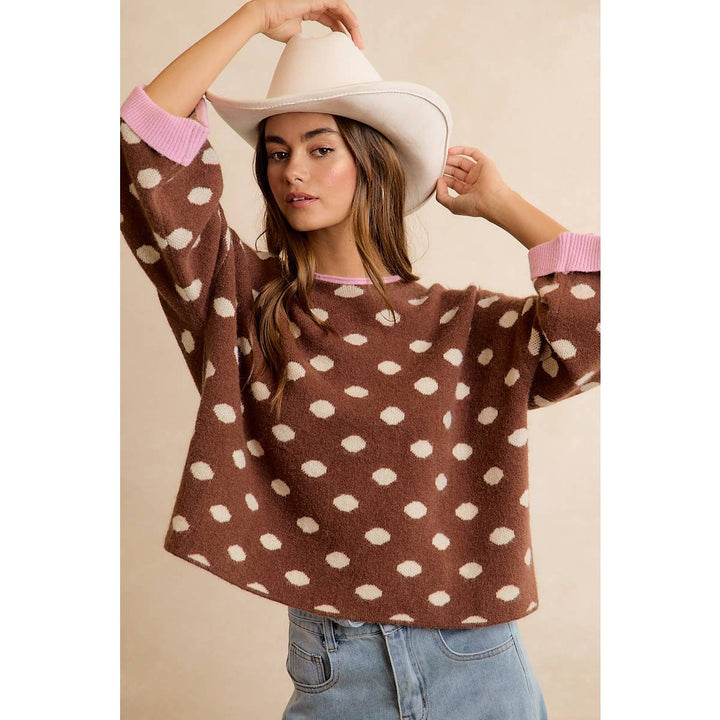 CONTRAST NECK AND ROLL UP DETAIL POLKA DOT SWEATER