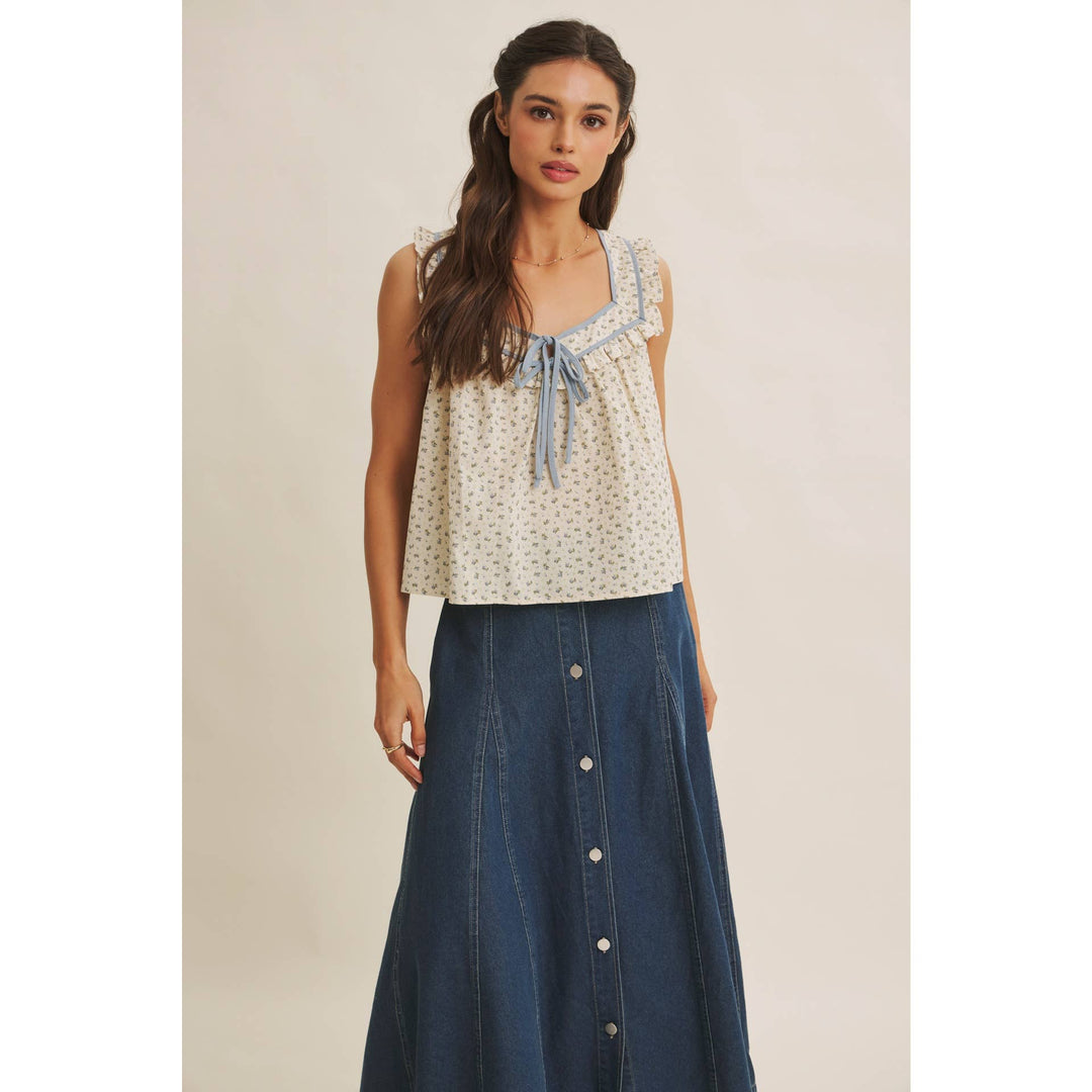 Women's Sleeveless - ANTIQUE MEADOW CONTRAST BINDING FLORAL RUFFLED BLOUSE TOP - - Cultured Cloths Apparel
