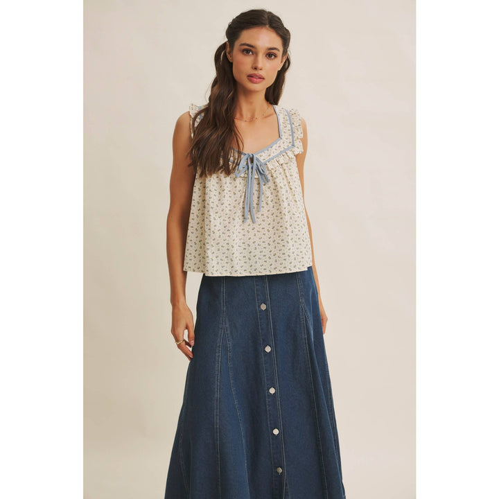 Women's Sleeveless - ANTIQUE MEADOW CONTRAST BINDING FLORAL RUFFLED BLOUSE TOP - - Cultured Cloths Apparel