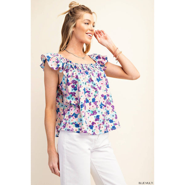Women's Short Sleeve - Flowery Peach Skin Fabric Square Neckline Top -  - Cultured Cloths Apparel