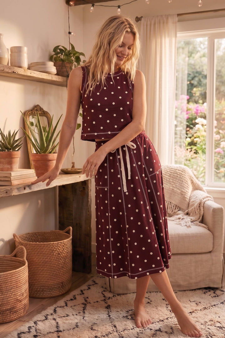 Retro Dot Tank & Midi Skirt Set