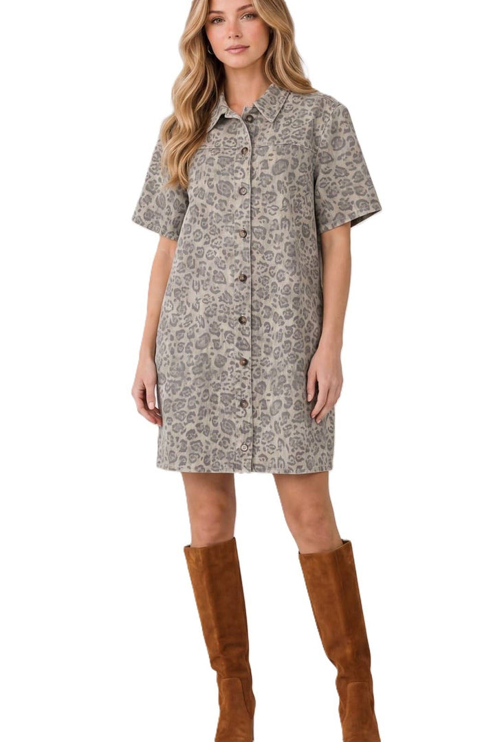 Animal Print Collared Button Down Dress