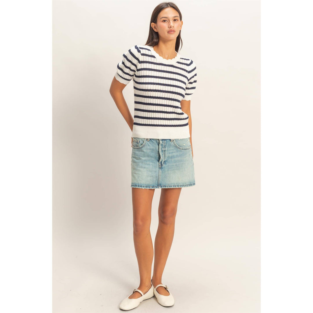 Striped Scallop Edge Puff Sleeve Knit Top