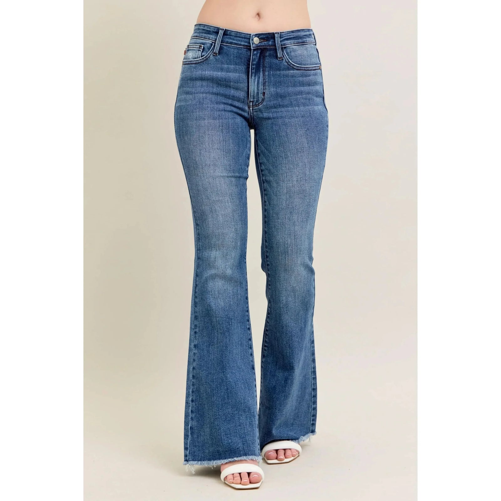 Denim - Judy Blue MR Wash Flare Jeans W/ Destroy and Fray Hem - MD - Cultured Cloths Apparel