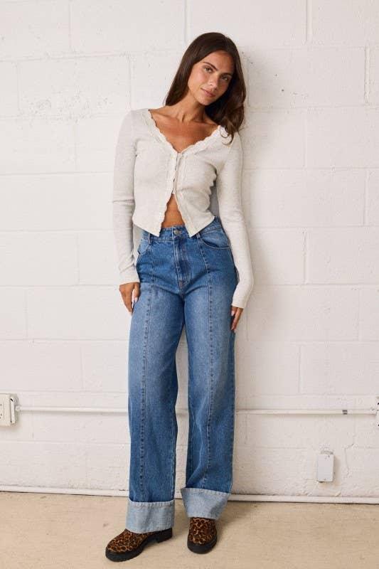 Women's Sweaters - Ribbed Stretchy Fitted Lacey N-Neck Top - Heather Grey - Cultured Cloths Apparel