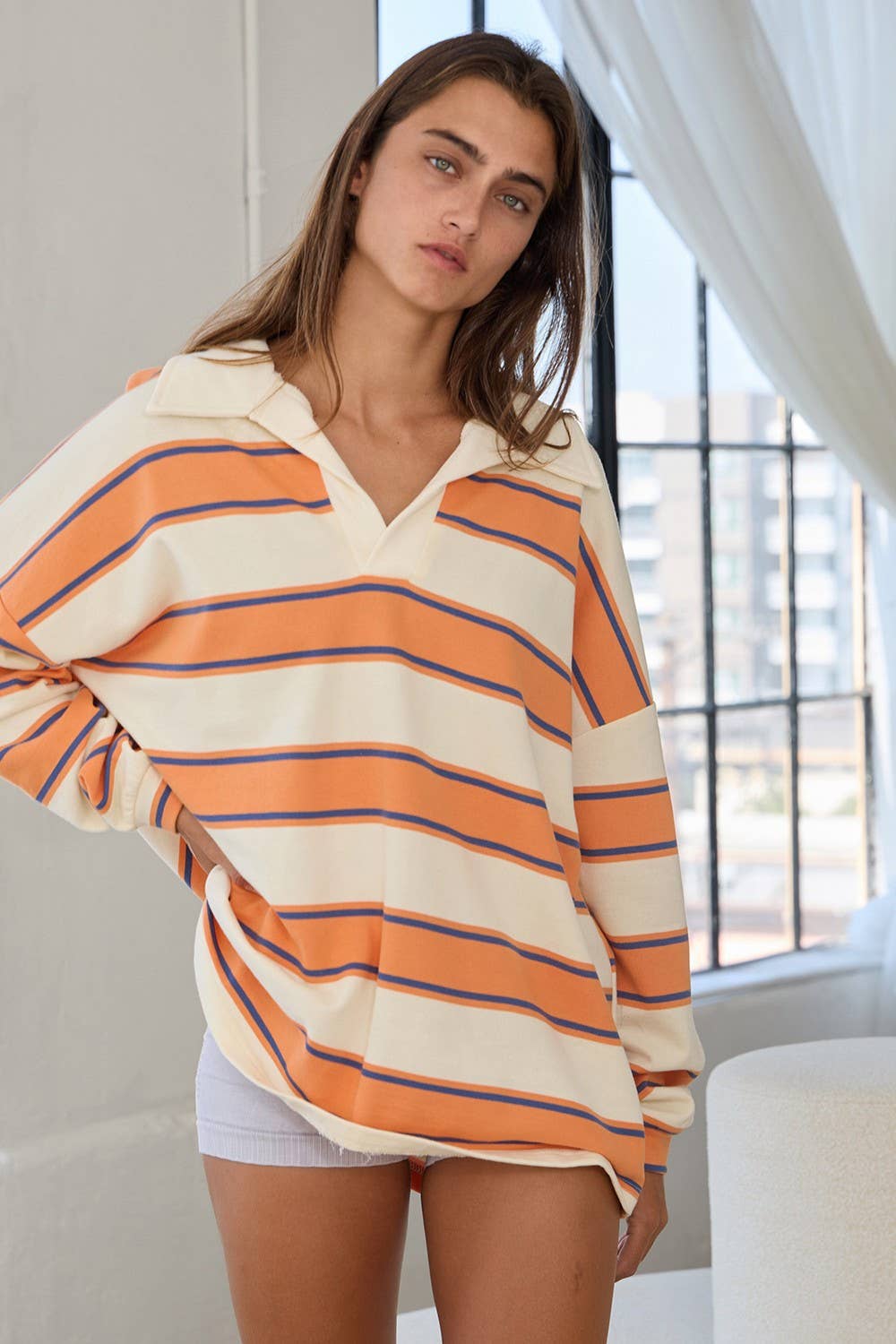 IT2417 Contrast Collared Neck Striped Polo Tunic Top