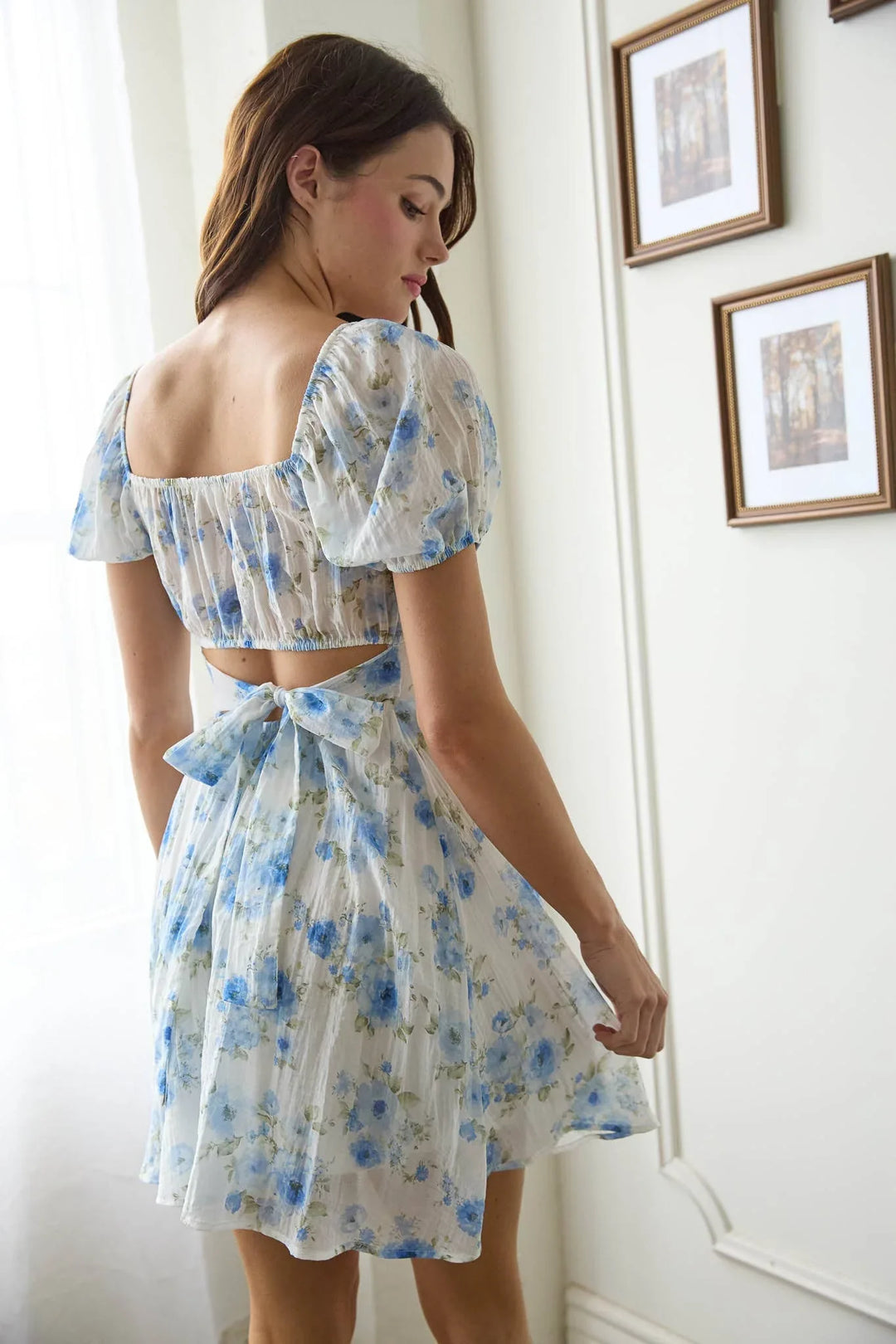 carla floral tie back babydoll mini dress Blue Floral Tie-Back Mini Dress