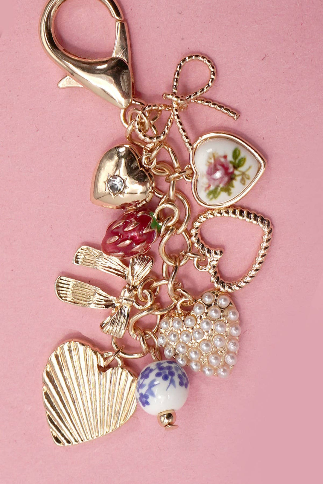 PORCELAIN BOWS HEARTS PEARL STRAWBERRY BAG CHARM