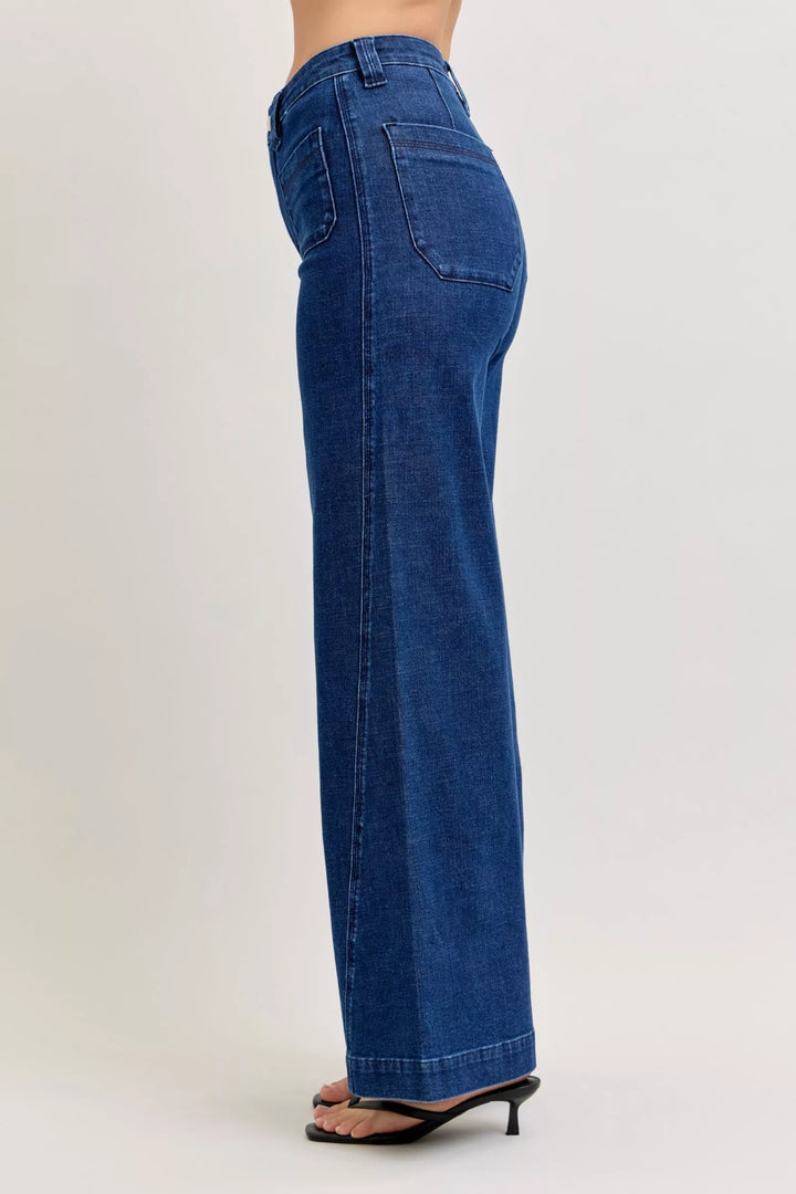 Denim - Judy Blue High-Waisted Retro Wide Jeans with Patch Pkts & Twisted Seams - - Cultured Cloths Apparel