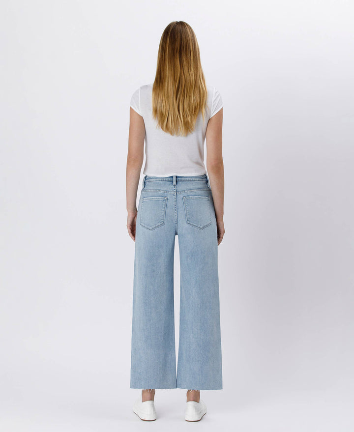 Denim - HIGH RISE LIGHT WASH RAW HEM WIDE LEG JEANS - - Cultured Cloths Apparel