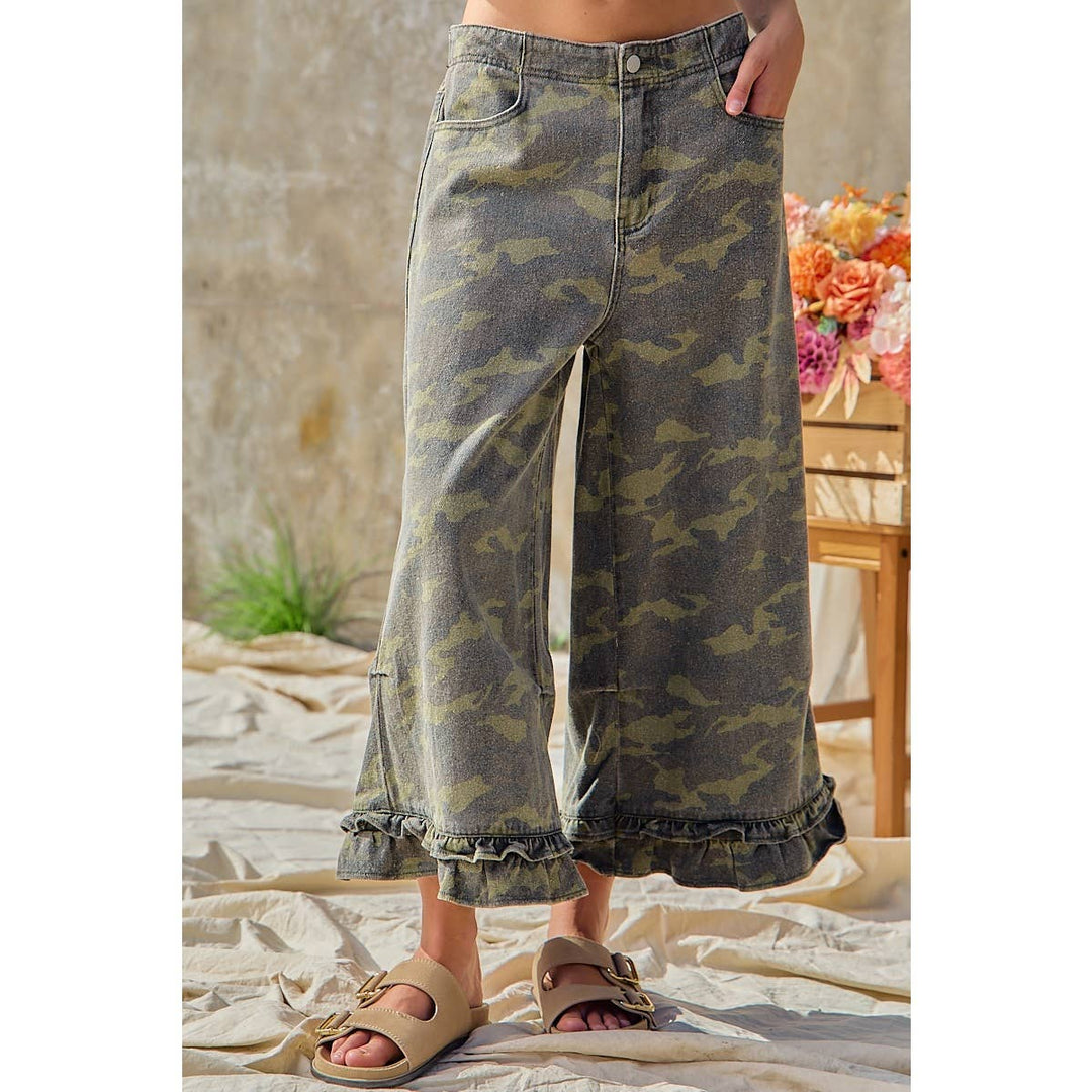 Pants - CAMOUFLAGE DENIM RUFFLED HEM MID RISE PANTS - - Cultured Cloths Apparel