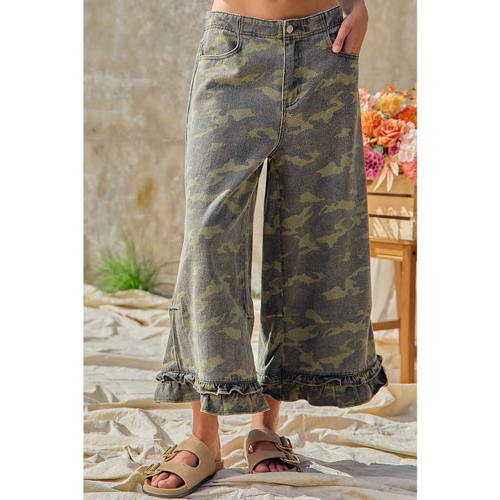 Pants - CAMOUFLAGE DENIM RUFFLED HEM MID RISE PANTS - - Cultured Cloths Apparel