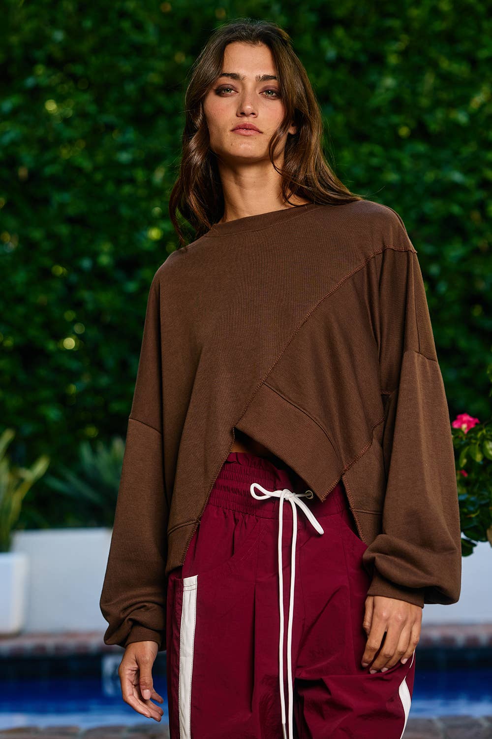 Women's Long Sleeve - Asymmetric Hem Solid Terry Sweatshirt Top - - Cultured Cloths Apparel