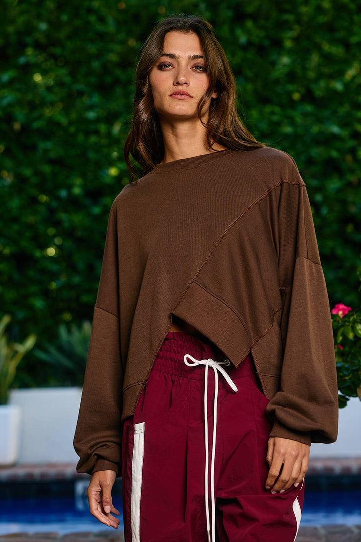 Women's Long Sleeve - Asymmetric Hem Solid Terry Sweatshirt Top - - Cultured Cloths Apparel
