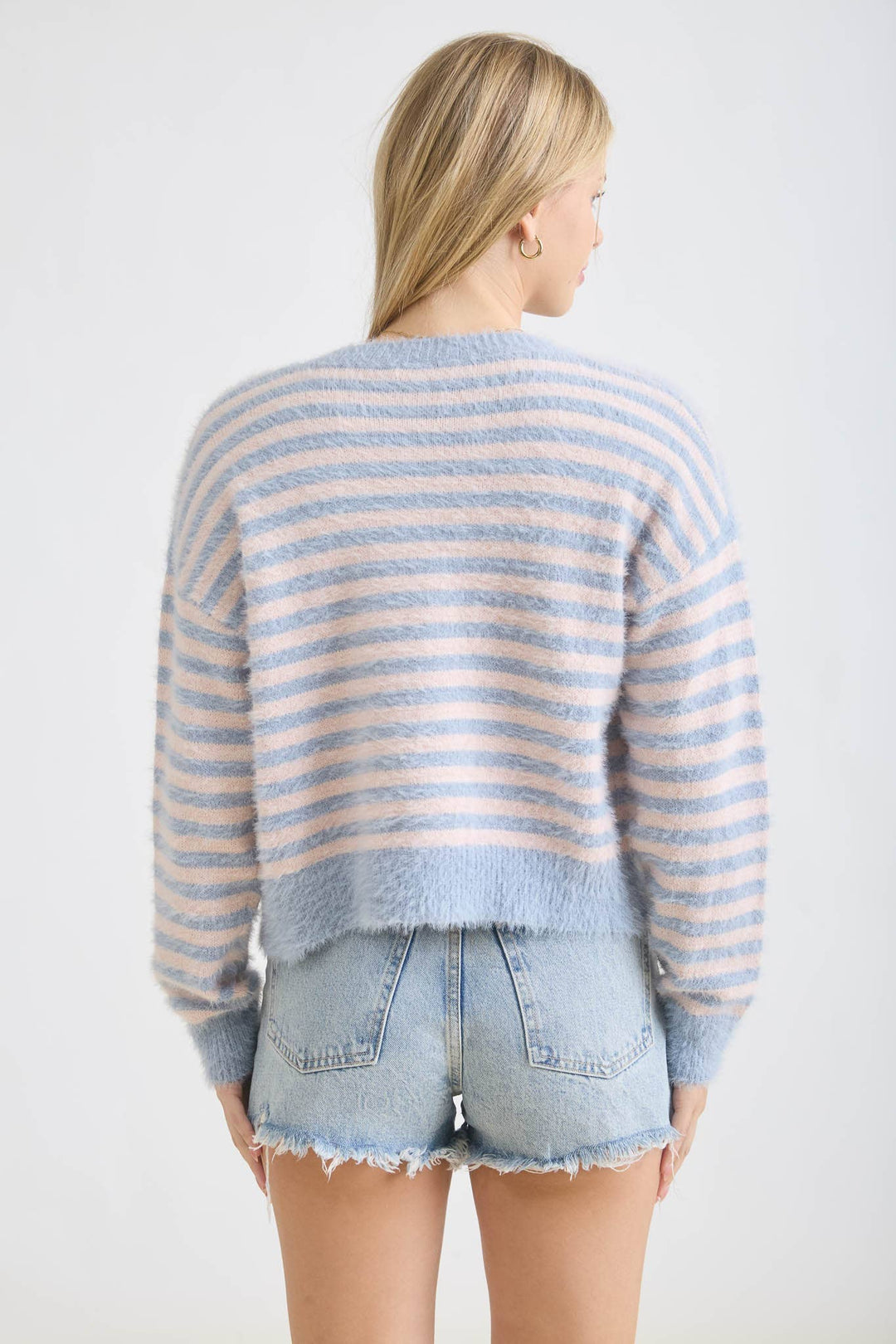 STRIPE ROUND NECK BUTTON DOWN FUZZY KNIT CARDIGAN