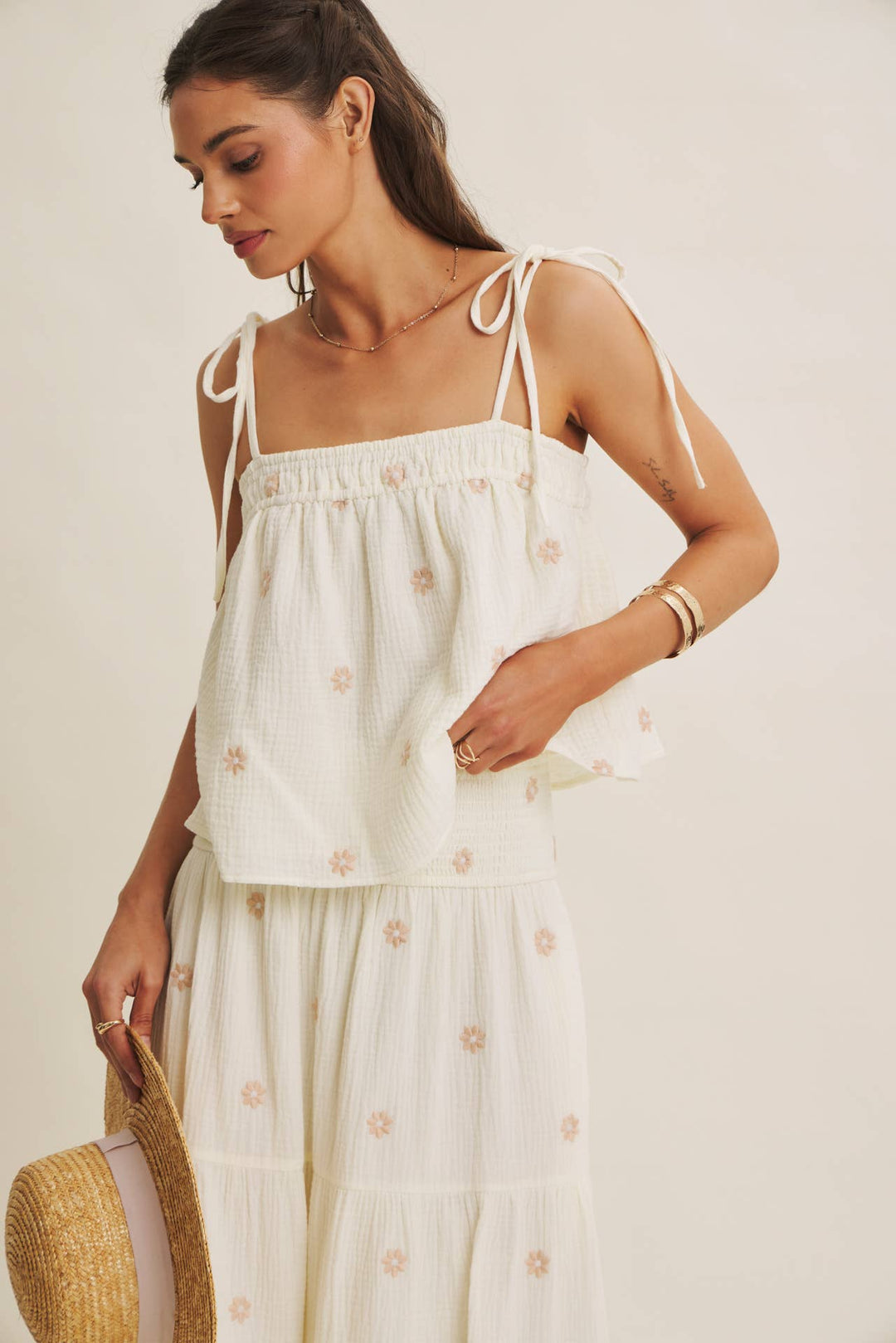 Women's Skirts - SUNSET FIELD EMBROIDERED COTTON GAUZE SMOCKED MIDI SKIRTS - - Cultured Cloths Apparel