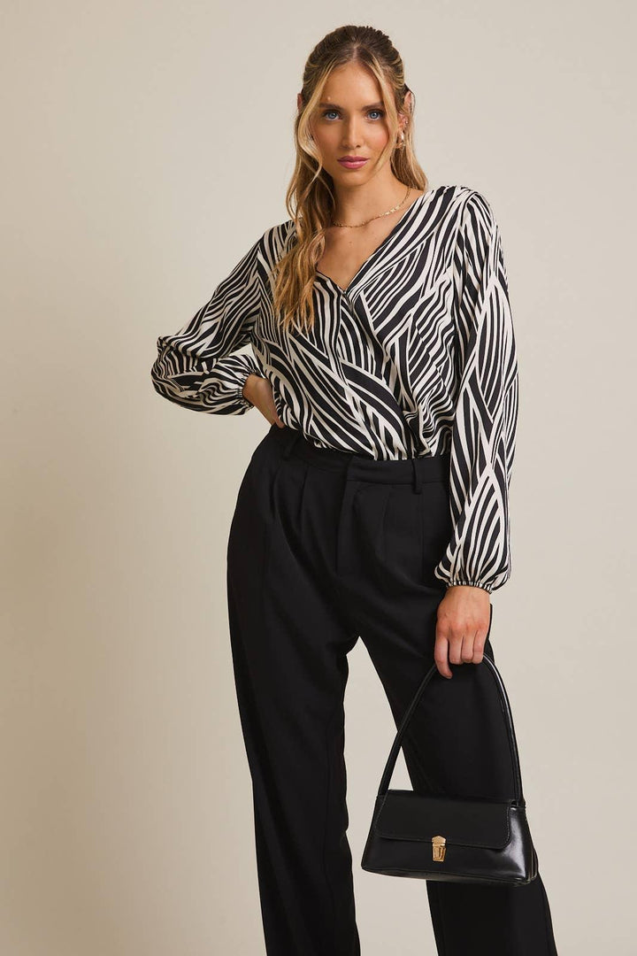 Women's Long Sleeve - JALISA LONG SLEEVE SHOULDER SHIRRING SURPLICE BODYSUIT - WHITE-BLACK ABSTRACT - Cultured Cloths Apparel