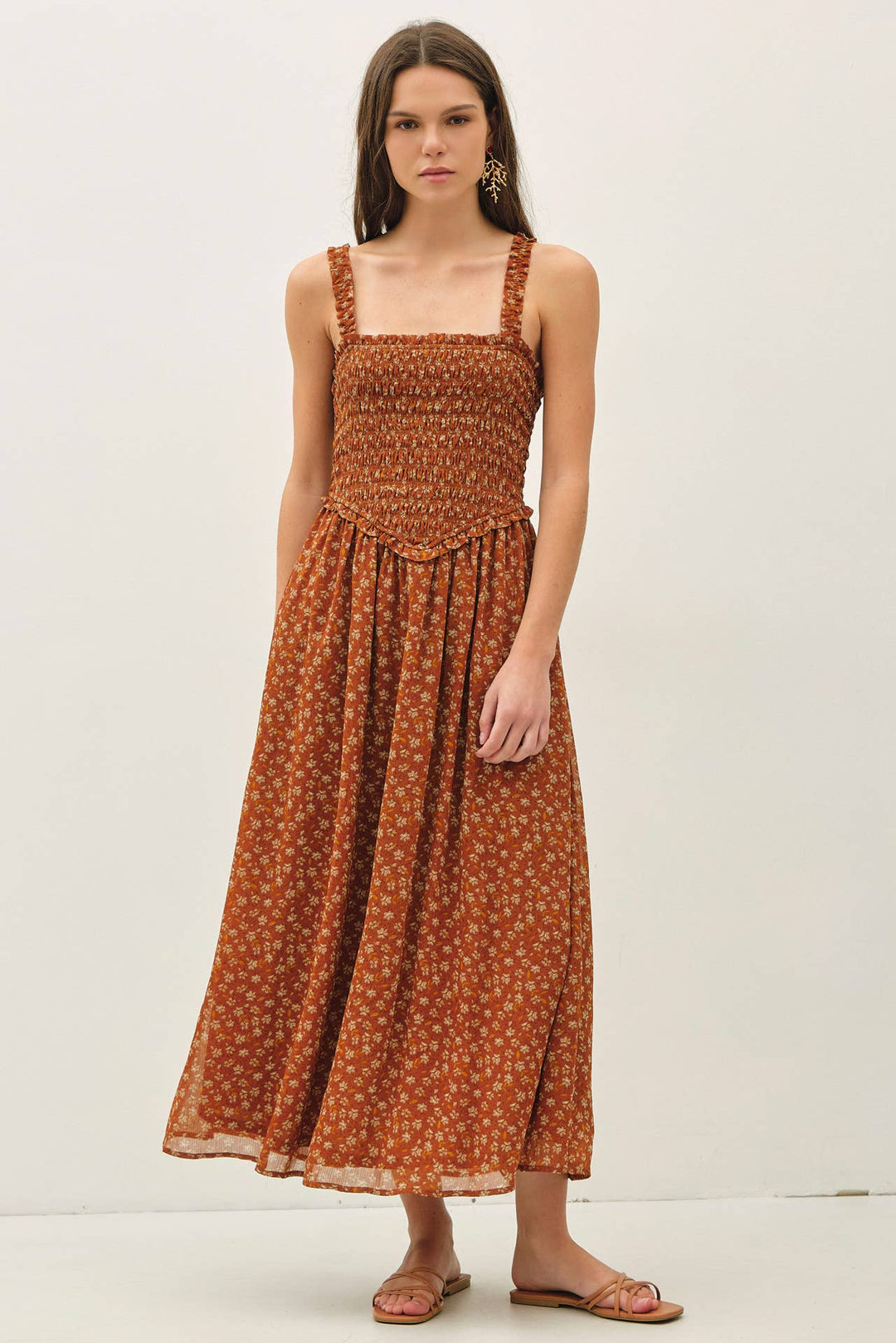 Dresses - FLORAL PRINTED SMOCKE BODICE MIDI DRESS - - Cultured Cloths Apparel