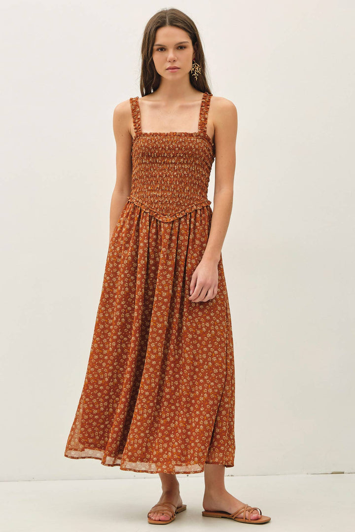 Dresses - FLORAL PRINTED SMOCKE BODICE MIDI DRESS - - Cultured Cloths Apparel