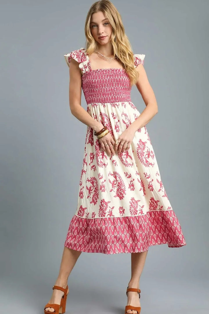 Women's Dresses - Umgee Printed Smocked Midi Dress with Ruffle Details - Deep Rose - Cultured Cloths Apparel