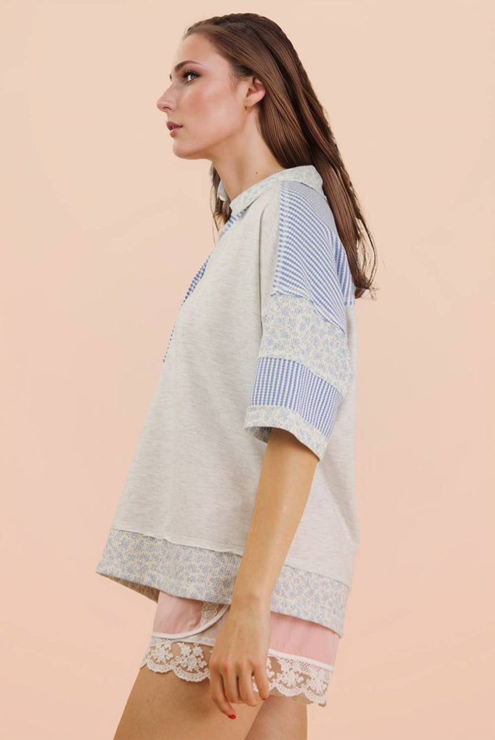Women's Short Sleeve - Oversized Half Button Down Collared Knit Top - - Cultured Cloths Apparel