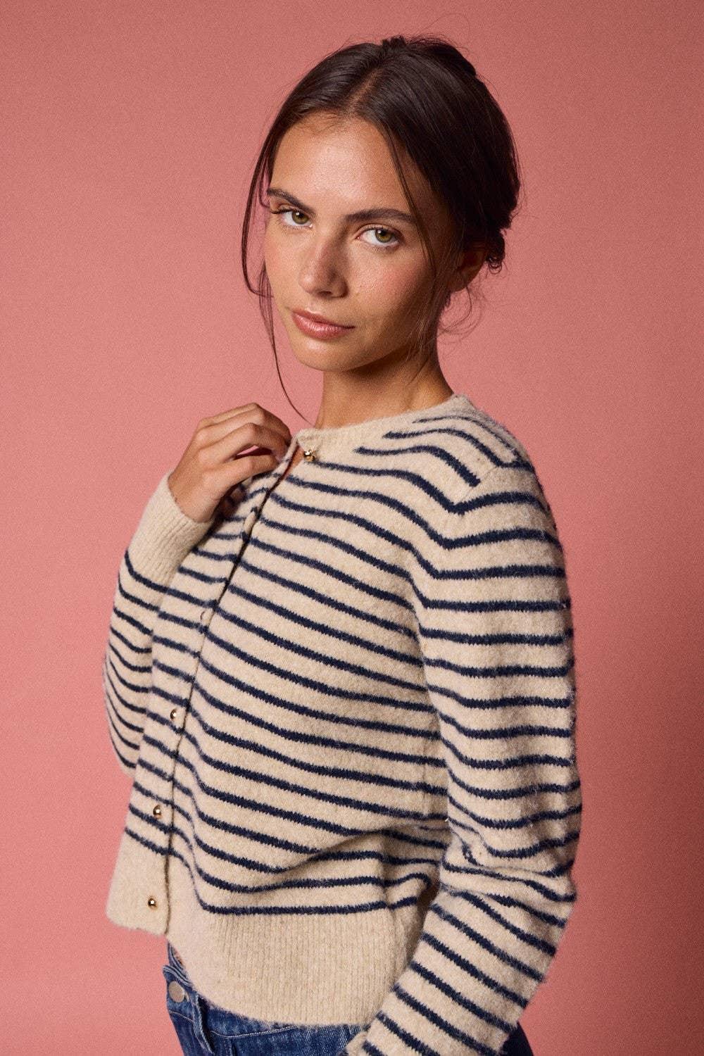 Women's Sweaters - Striped Button-Up Knit Cardigan - - Cultured Cloths Apparel