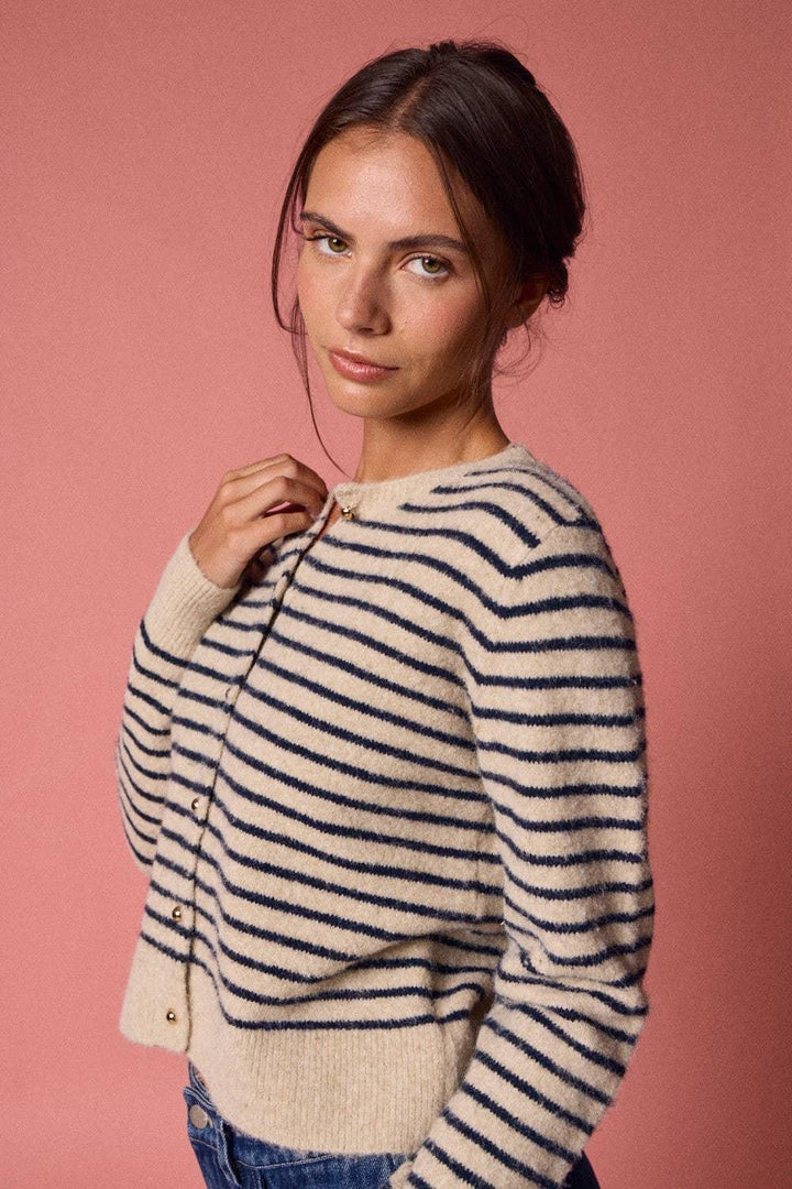 Women's Sweaters - Striped Button-Up Knit Cardigan - - Cultured Cloths Apparel